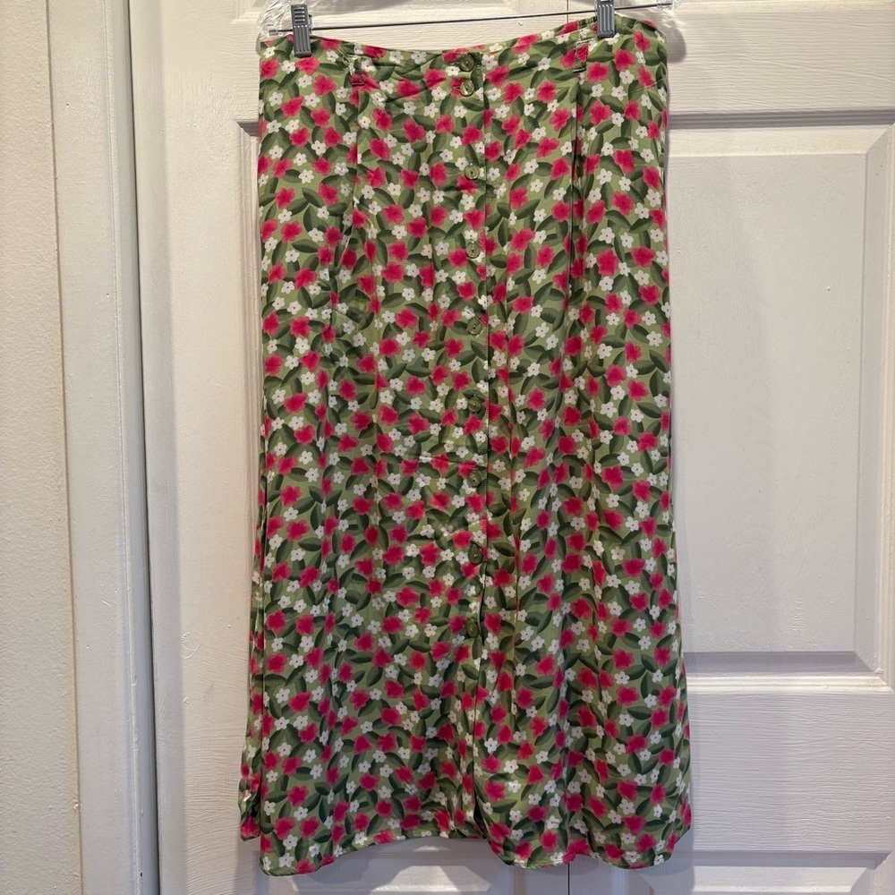 Vintage Sag Harbor Green And Pink Midi/Ankle Length Button Up Skirt - Size Large